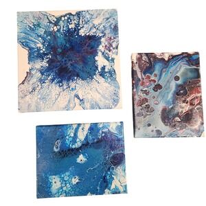 Abstract Acrylic Pour Painting Set 3 Piece Blue Teal Purple Canvas Wall Art